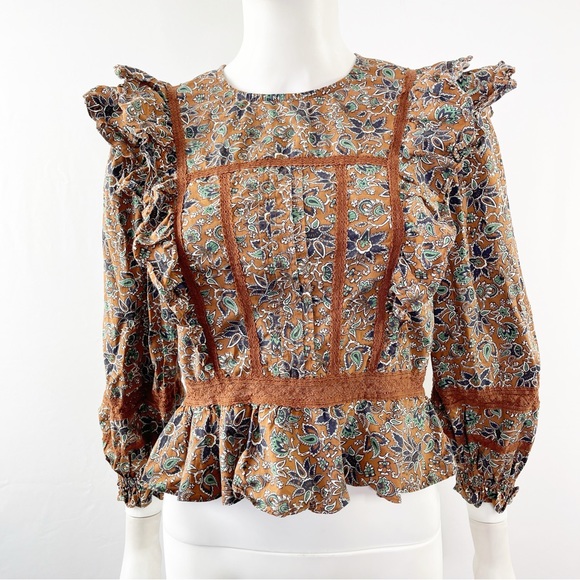 Veronica Beard Long Sleeve Floral WESLAYAN Ruffle Blouse in Cinnamon Brown Sz 2 - Picture 4 of 13